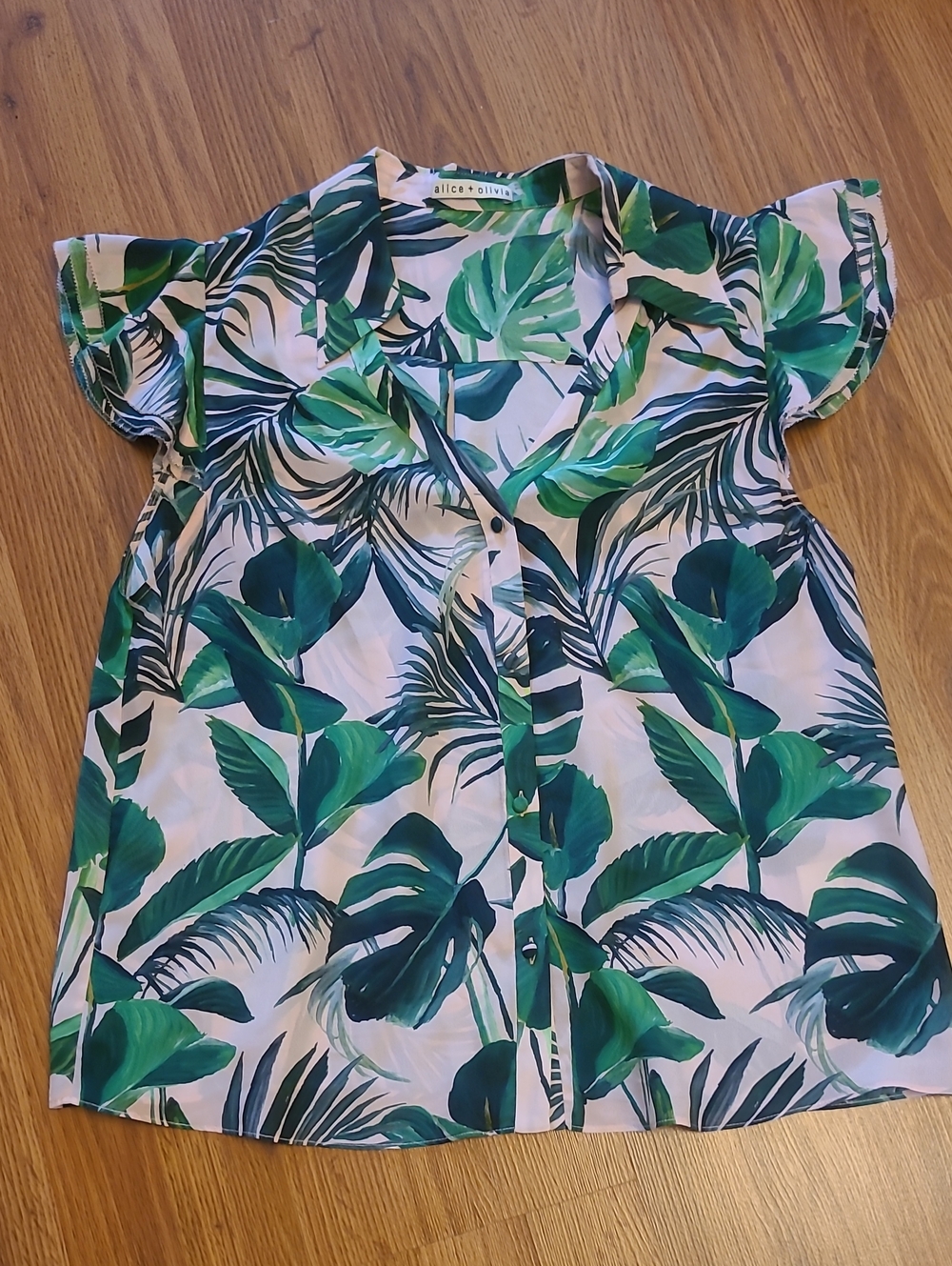 Alice + Olivia Tropical Green Leaf Button-Front Blouse